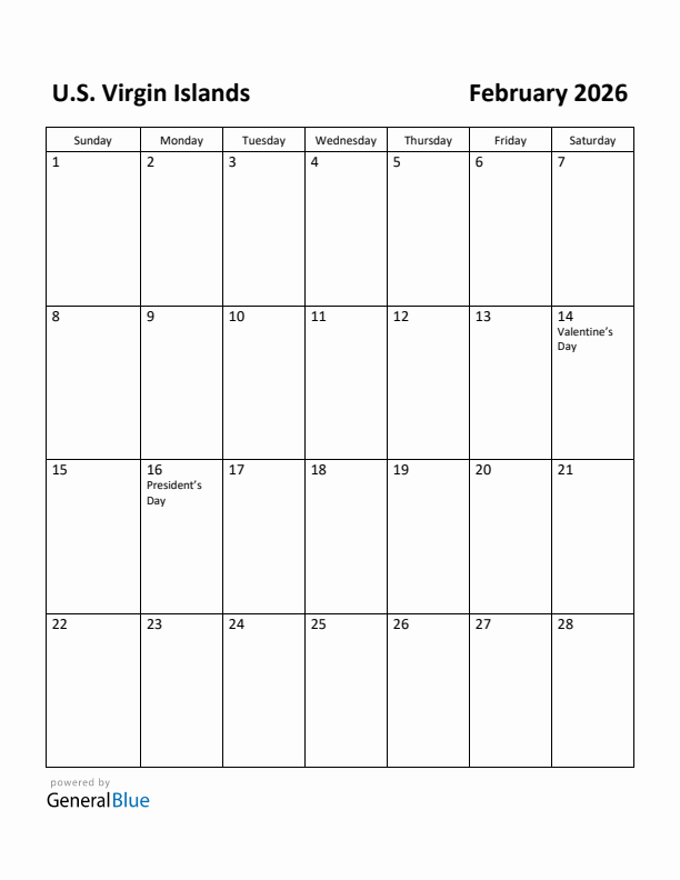 February 2026 Calendar with U.S. Virgin Islands Holidays