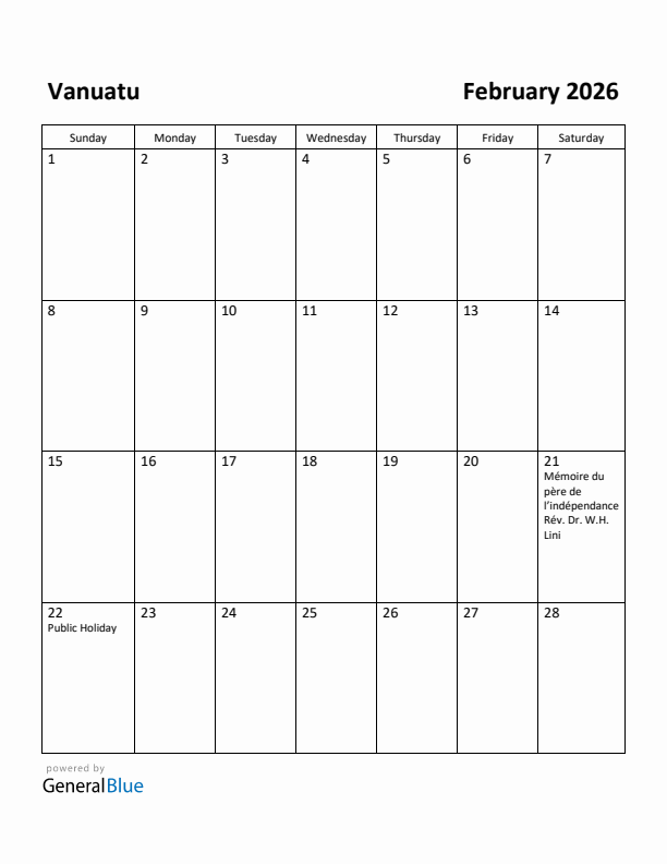 February 2026 Calendar with Vanuatu Holidays
