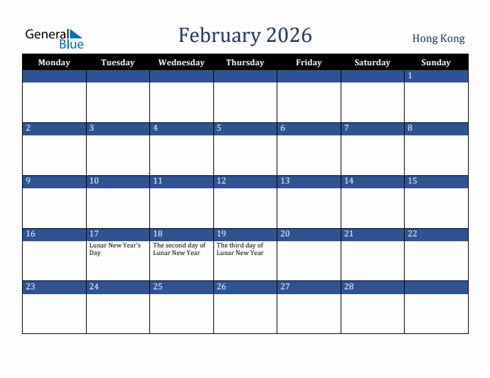 February 2026 Hong Kong Calendar (Monday Start)
