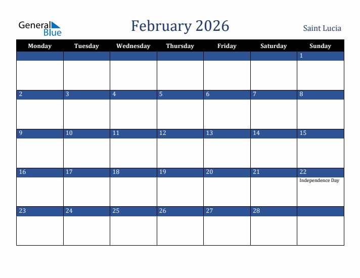 February 2026 Saint Lucia Calendar (Monday Start)