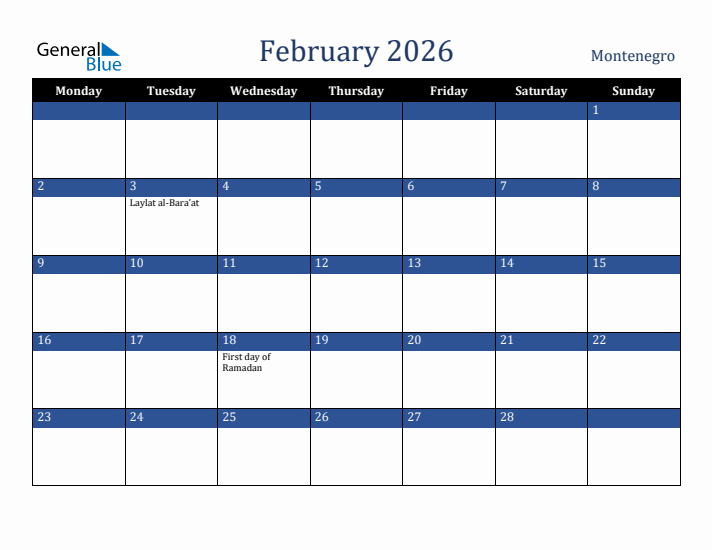 February 2026 Montenegro Calendar (Monday Start)