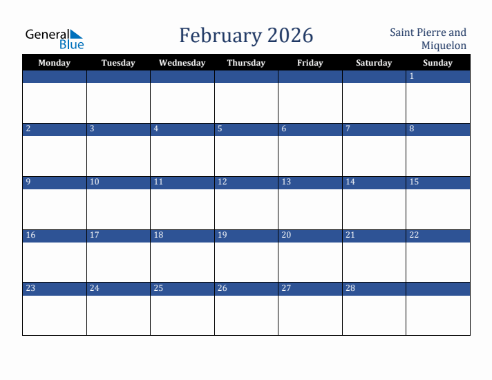 February 2026 Saint Pierre and Miquelon Calendar (Monday Start)
