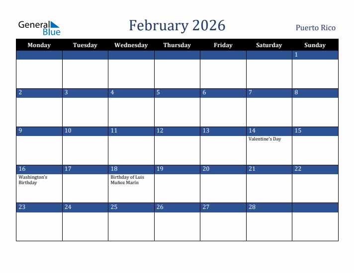 February 2026 Puerto Rico Calendar (Monday Start)