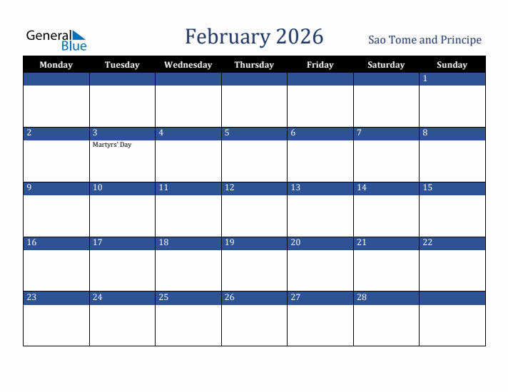 February 2026 Sao Tome and Principe Calendar (Monday Start)