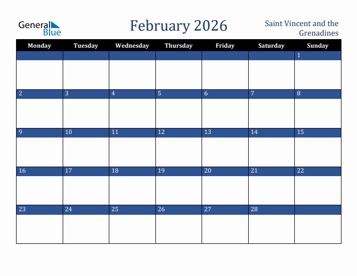 February 2026 Saint Vincent and the Grenadines Calendar (Monday Start)