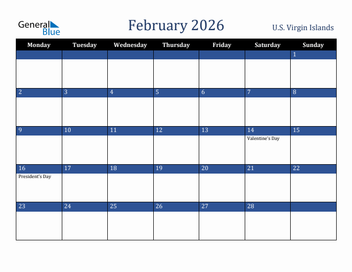 February 2026 U.S. Virgin Islands Calendar (Monday Start)