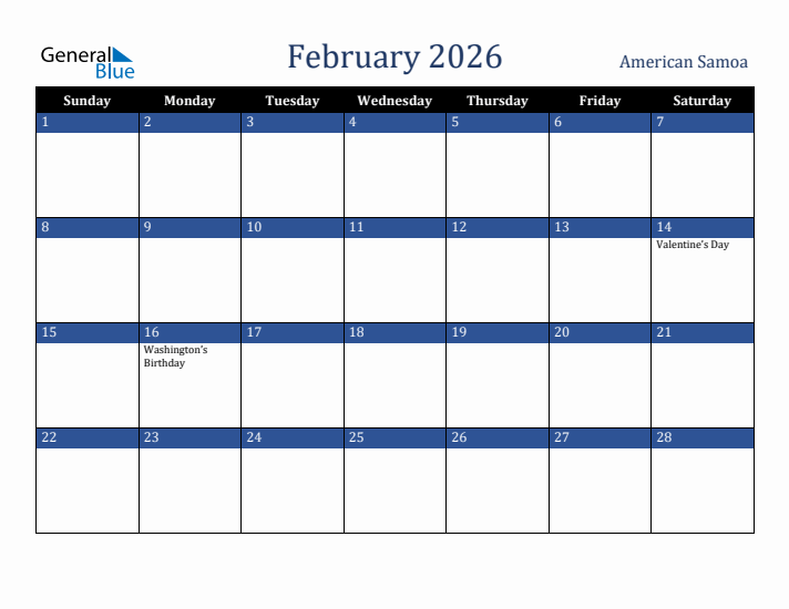 February 2026 American Samoa Calendar (Sunday Start)