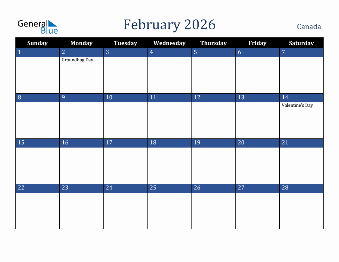 February 2026 Canada Holiday Calendar