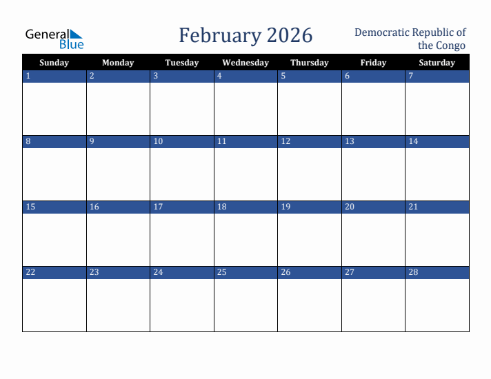 February 2026 Democratic Republic of the Congo Calendar (Sunday Start)
