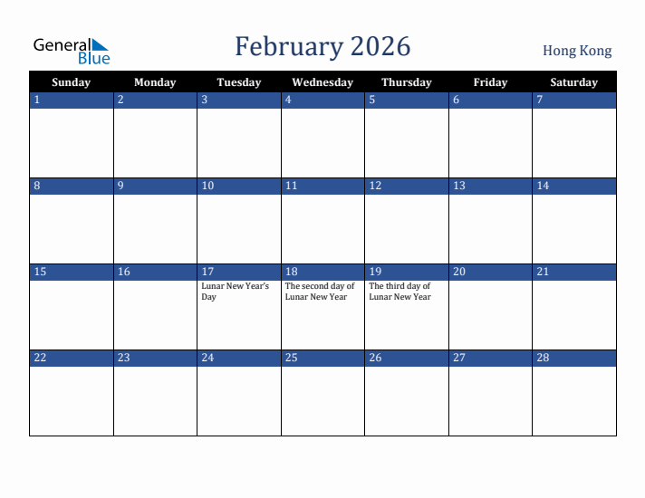 February 2026 Hong Kong Calendar (Sunday Start)