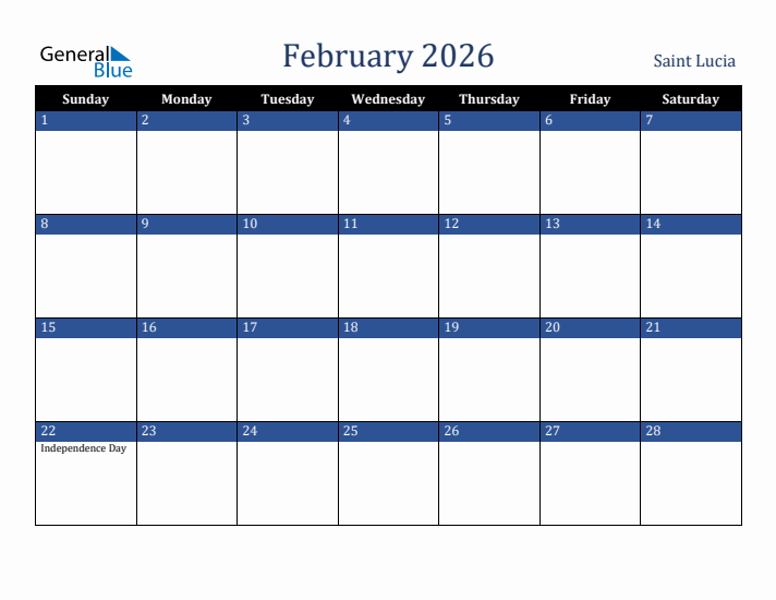 February 2026 Saint Lucia Calendar (Sunday Start)