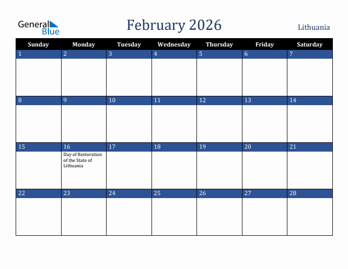 February 2026 Lithuania Calendar (Sunday Start)