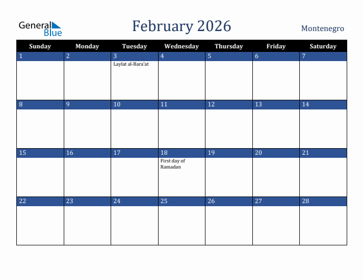 February 2026 Montenegro Calendar (Sunday Start)