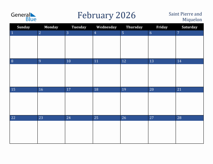 February 2026 Saint Pierre and Miquelon Calendar (Sunday Start)