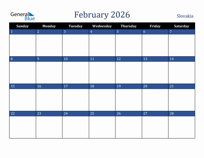 February 2026 Slovakia Calendar (Sunday Start)