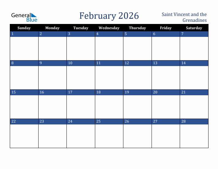 February 2026 Saint Vincent and the Grenadines Calendar (Sunday Start)
