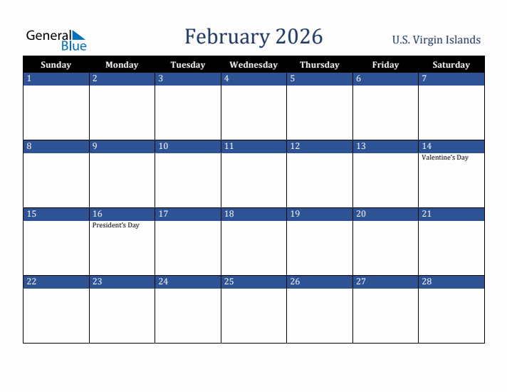 February 2026 U.S. Virgin Islands Calendar (Sunday Start)