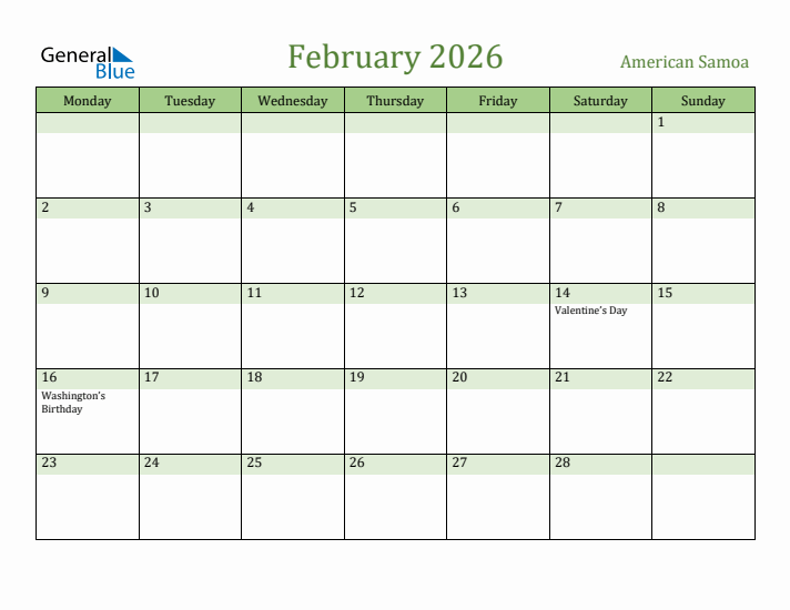 February 2026 Calendar with American Samoa Holidays