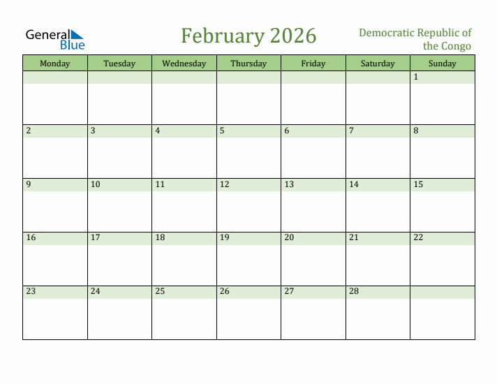 February 2026 Calendar with Democratic Republic of the Congo Holidays