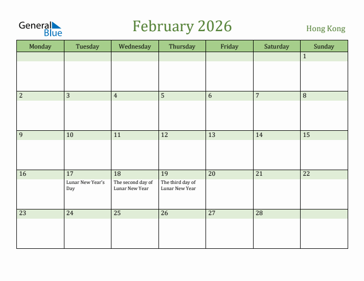 February 2026 Calendar with Hong Kong Holidays