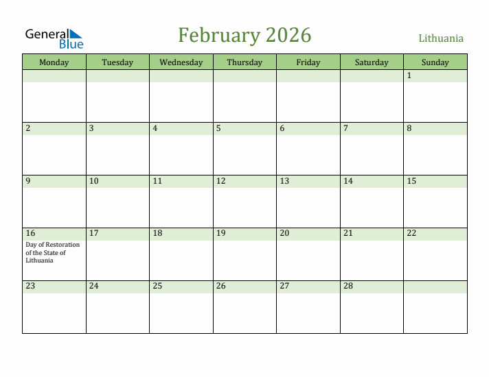 February 2026 Calendar with Lithuania Holidays