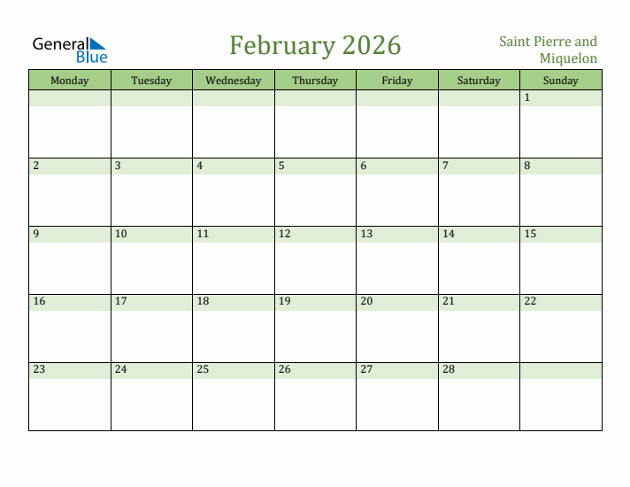 February 2026 Calendar with Saint Pierre and Miquelon Holidays