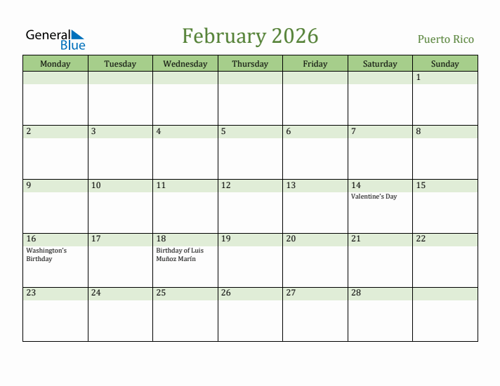 February 2026 Calendar with Puerto Rico Holidays