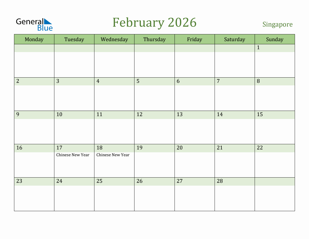 Fillable Holiday Calendar for Singapore February 2026
