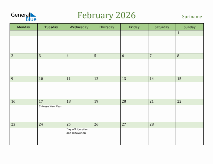 February 2026 Calendar with Suriname Holidays