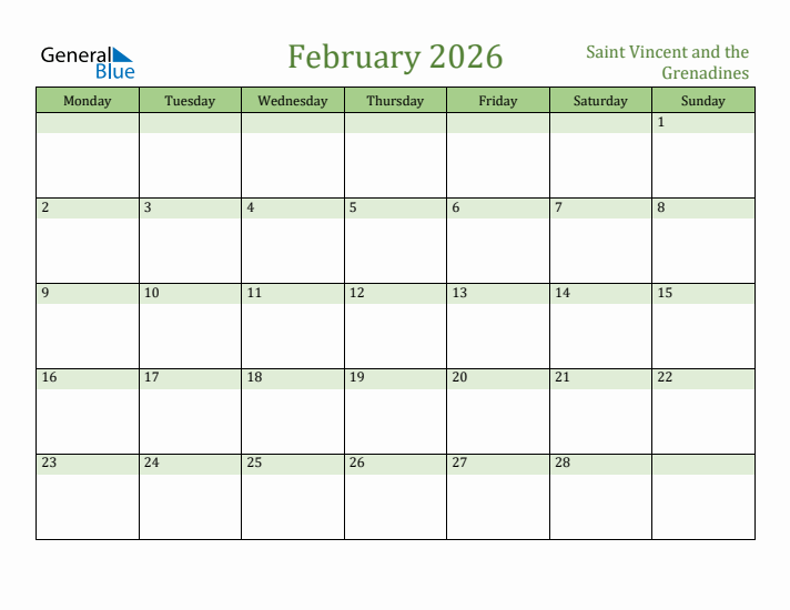 February 2026 Calendar with Saint Vincent and the Grenadines Holidays