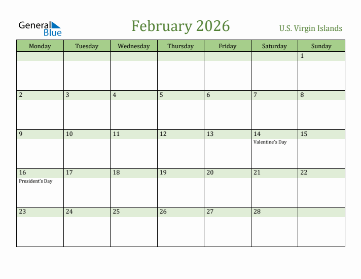 February 2026 Calendar with U.S. Virgin Islands Holidays
