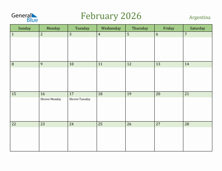 February 2026 Calendar with Argentina Holidays