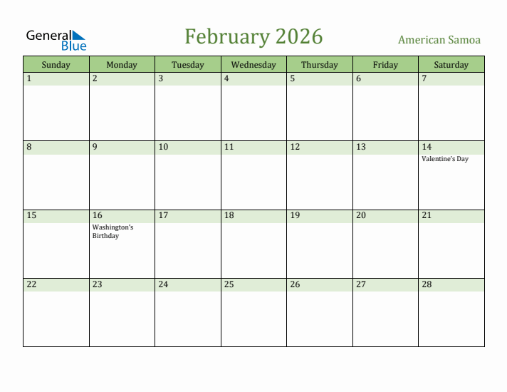 February 2026 Calendar with American Samoa Holidays