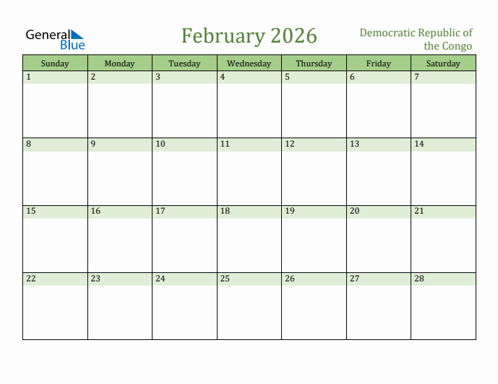 February 2026 Calendar with Democratic Republic of the Congo Holidays