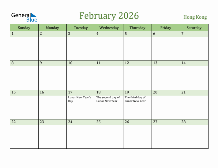 February 2026 Calendar with Hong Kong Holidays