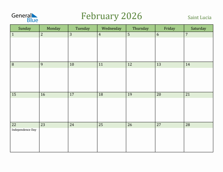 February 2026 Calendar with Saint Lucia Holidays