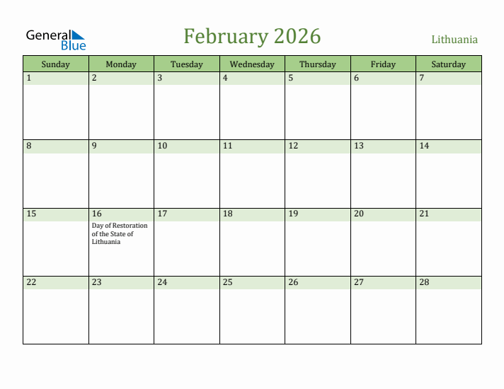 February 2026 Calendar with Lithuania Holidays