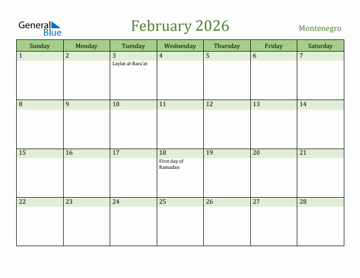 February 2026 Calendar with Montenegro Holidays