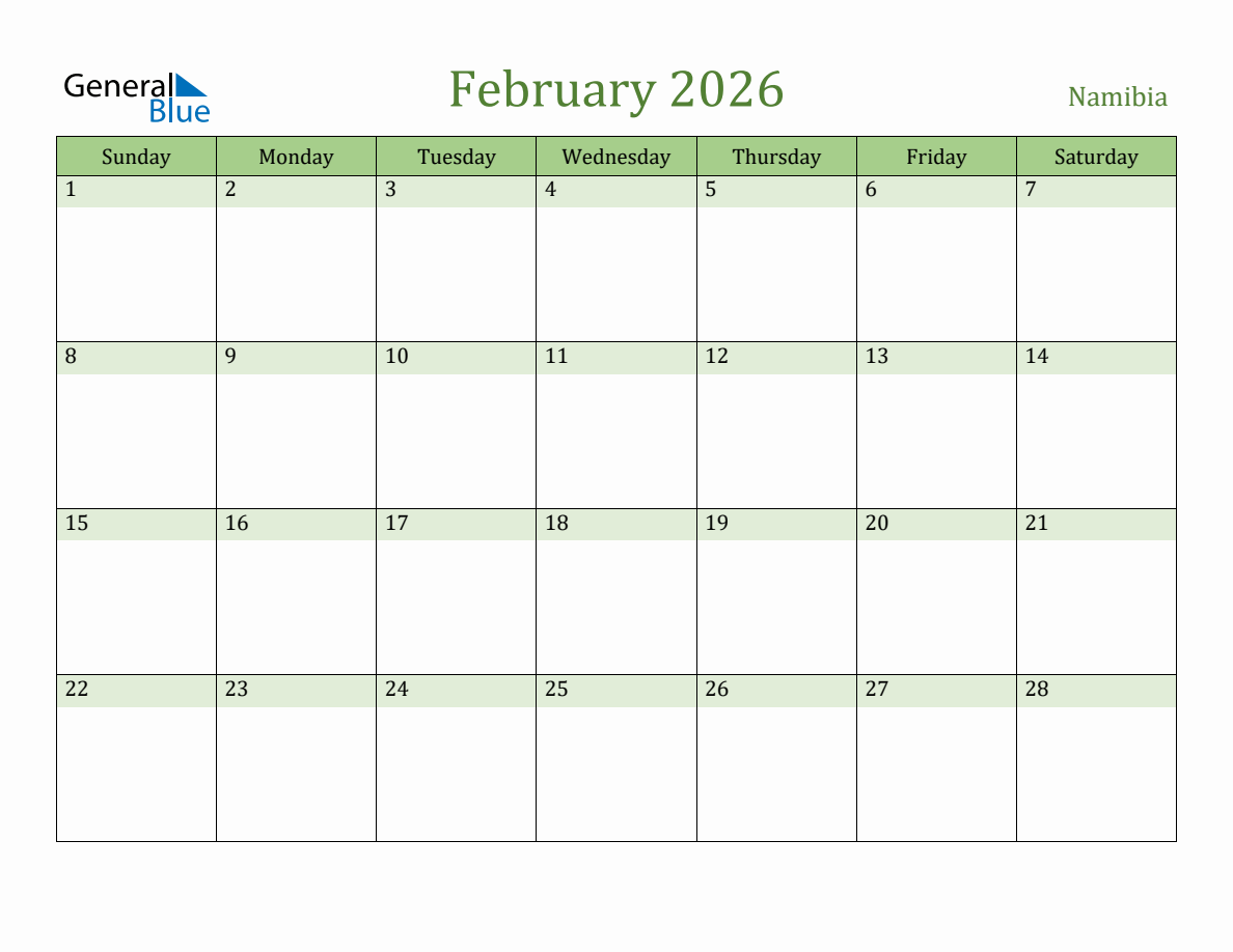 Fillable Holiday Calendar For Namibia February 2026