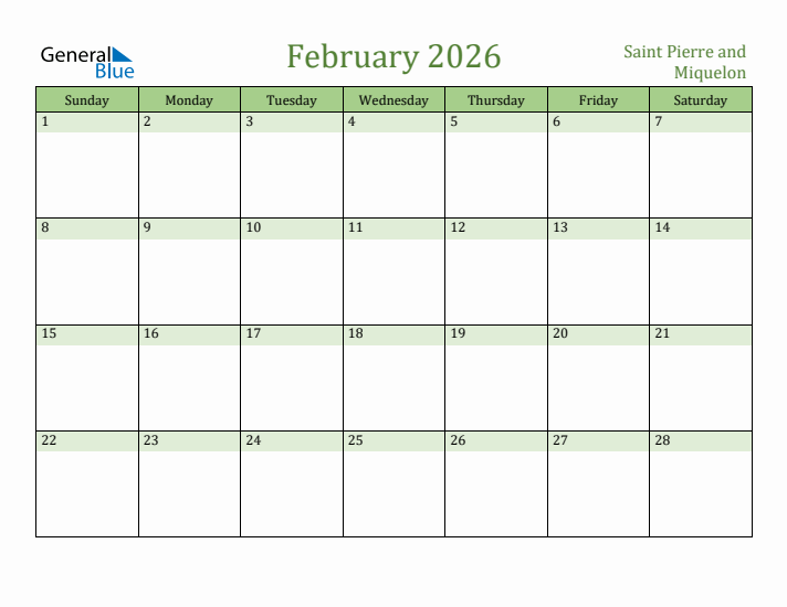 February 2026 Calendar with Saint Pierre and Miquelon Holidays
