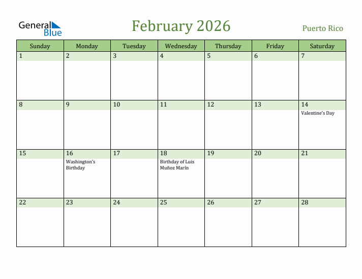 February 2026 Calendar with Puerto Rico Holidays