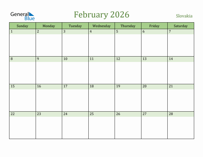 February 2026 Calendar with Slovakia Holidays