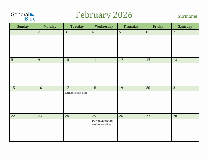 February 2026 Calendar with Suriname Holidays