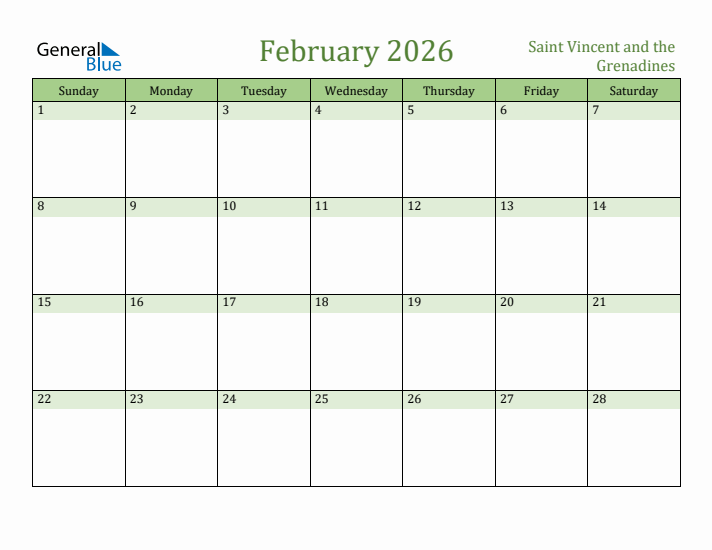 February 2026 Calendar with Saint Vincent and the Grenadines Holidays