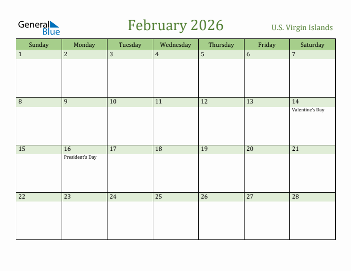 February 2026 Calendar with U.S. Virgin Islands Holidays