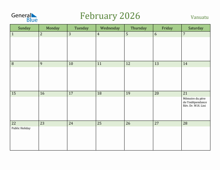 February 2026 Calendar with Vanuatu Holidays