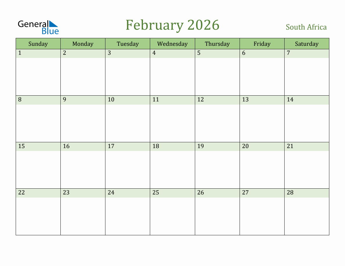 February 2026 Calendar South Africa
