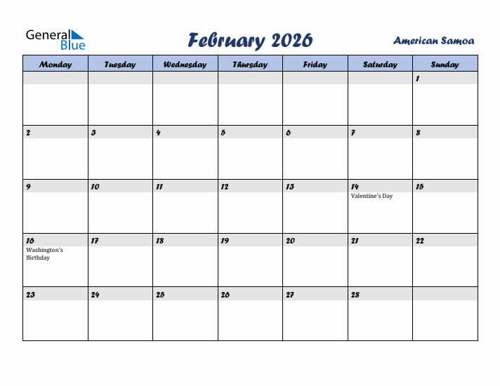 February 2026 Calendar with Holidays in American Samoa