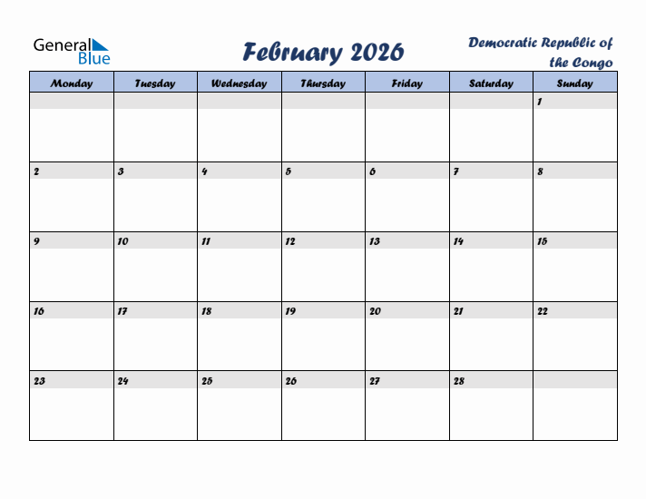 February 2026 Calendar with Holidays in Democratic Republic of the Congo