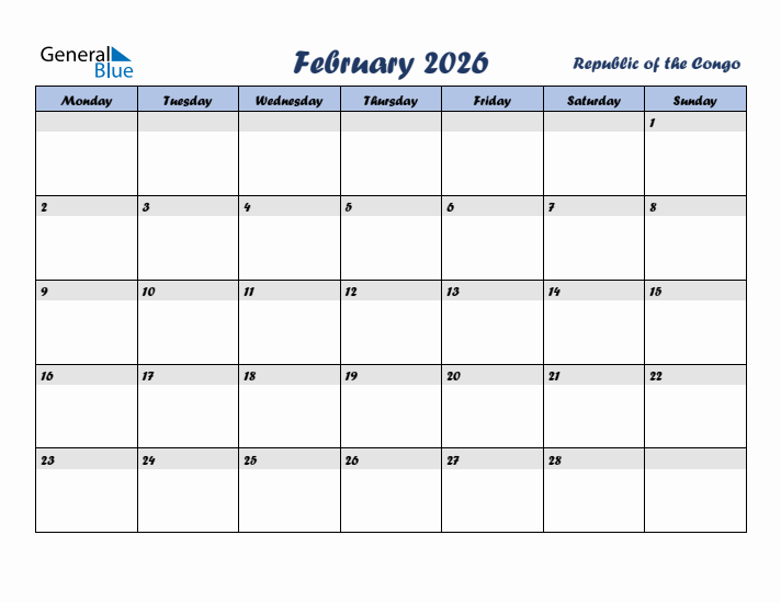 February 2026 Calendar with Holidays in Republic of the Congo